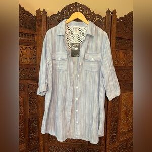 Women’s Plus Size Blue Striped Button Up Shirt with Crochet Detail